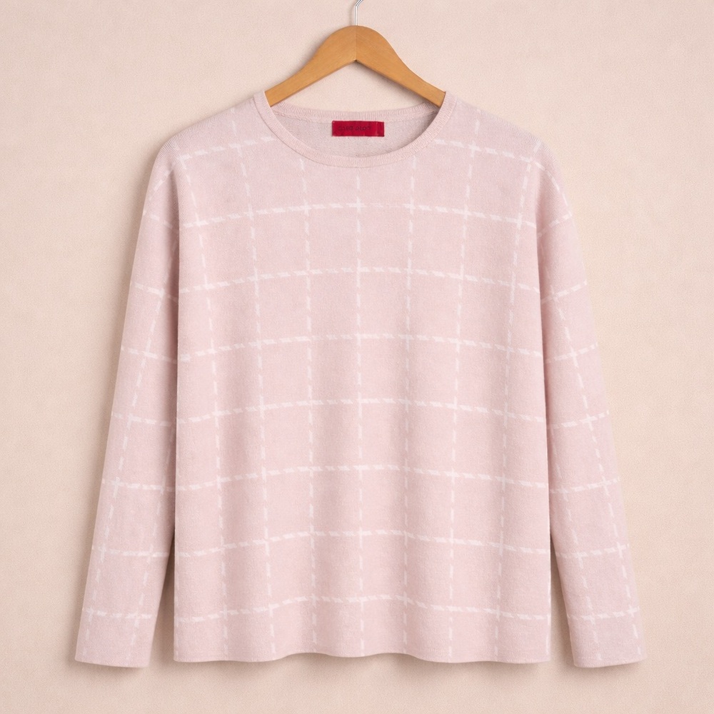 Love Scarlett Luxe pink Plaid crew Neck Sweater Size Small Windowpane Pullover